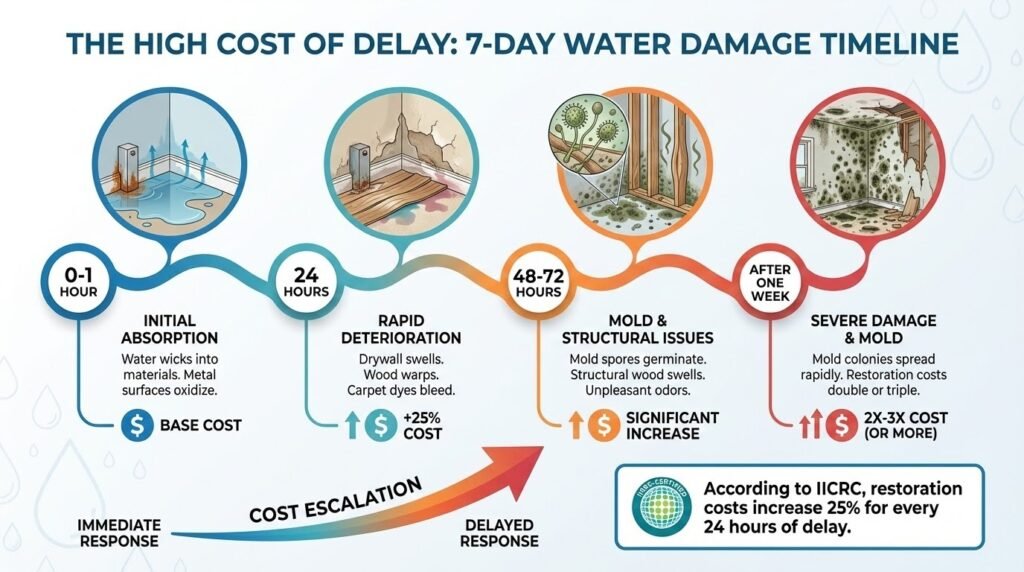 Infographic showing water damage timeline with cost escalation over 7 days