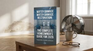 Professional water damage restoration technician using industrial extraction equipment in flooded home