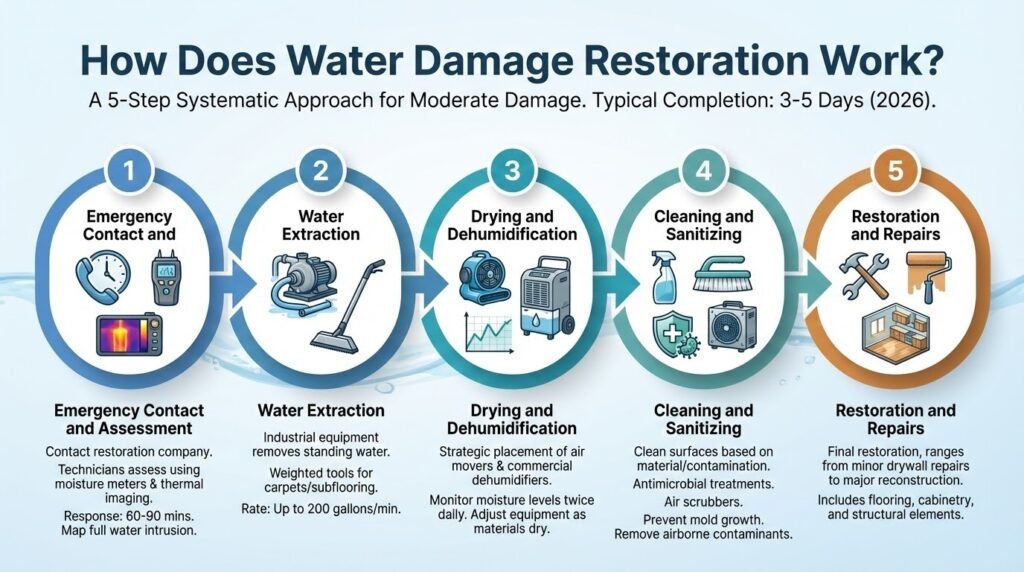 Water damage restoration process diagram showing 5 steps from assessment to repairs